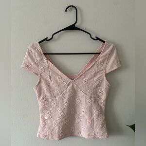 Coquette Balletcore Baby Pink Eyelet Lace Cap Sleeve Short Sleeve Crop Top sizeS